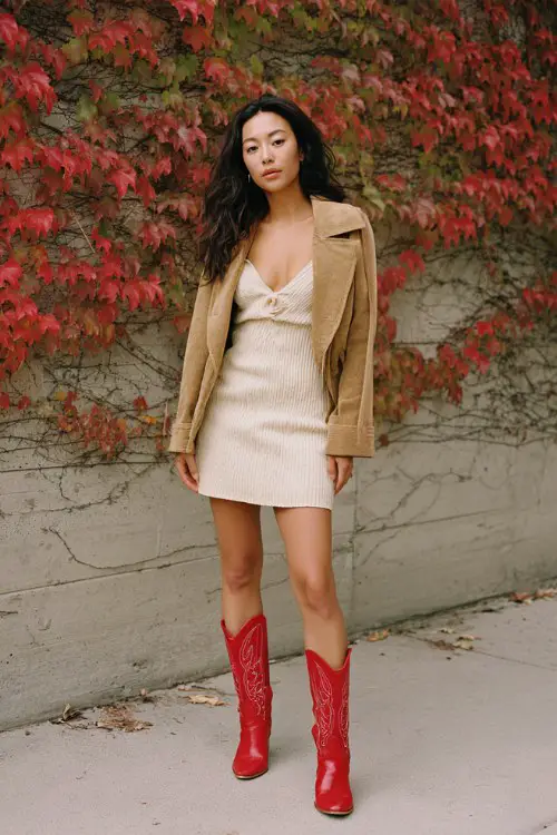 A woman wears red cowboy boots, a cream knit mini dress, and a camel suede jacket