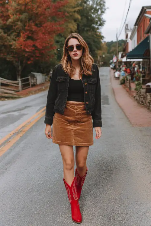 A woman wears red cowboy boots, a tan corduroy skirt, and a black cropped jacket