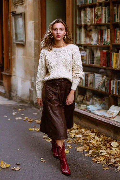 A woman wears red cowboy boots with a chocolate brown midi skirt, cream cable-knit sweater, and gold hoop earrings