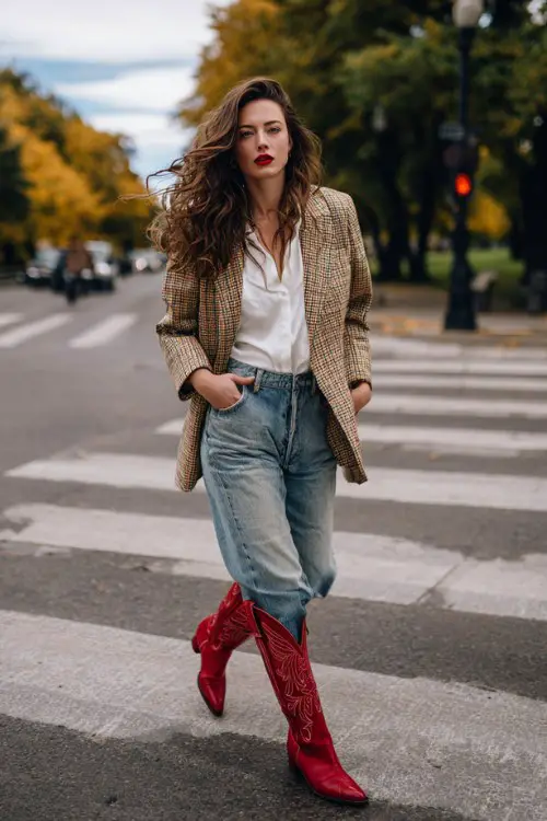 A woman wears red cowboy boots with high-waisted jeans, a tucked-in white silk blouse, and a plaid blazer