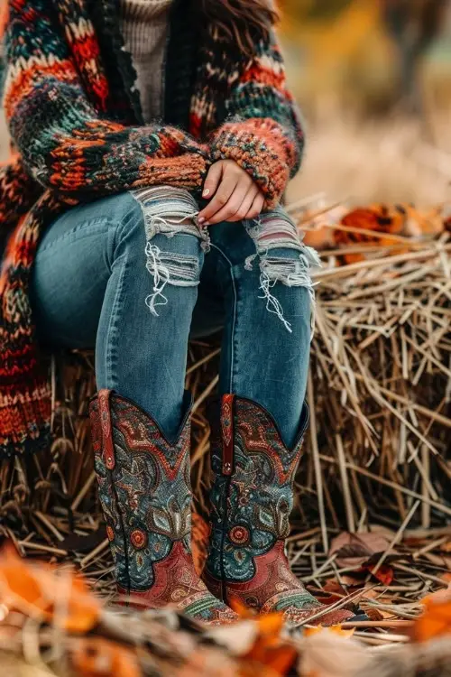 A woman wears ripped jeans with colored cowboy boots and cardigan