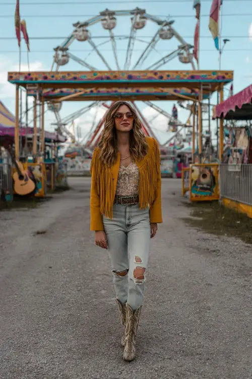 A woman wears ripped light-wash jeans, a mustard yellow fringe jacket, and snakeskin cowboy boots