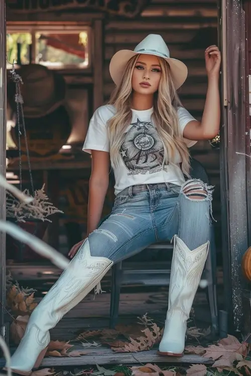 A woman wears white cowboy boots with a graphic tee and ripped jeans