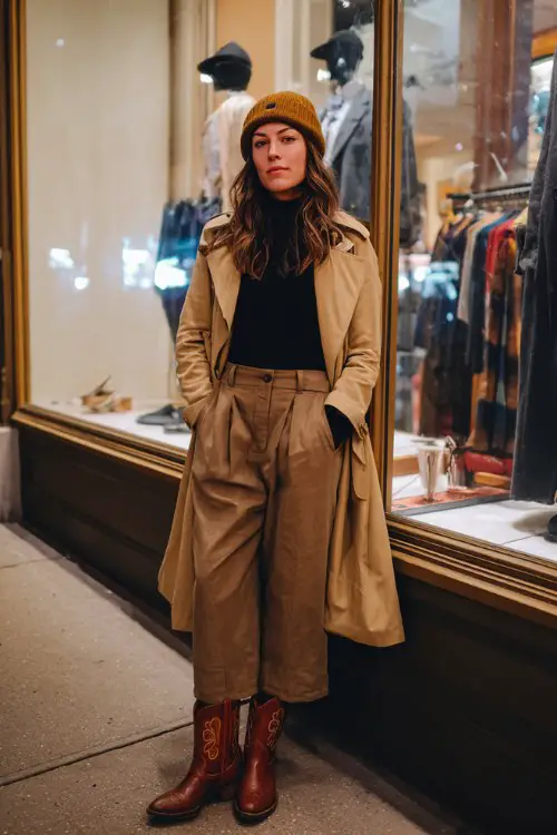 A woman window shopping in a camel trench coat over a black turtleneck and wool trousers, styled with chestnut brown cowboy boots and a cashmere beanie