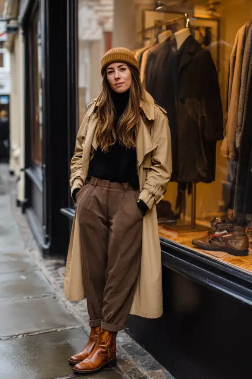 A woman window shopping in a camel trench coat over a black turtleneck and wool trousers, styled with chestnut brown cowboy boots and a cashmere beanie
