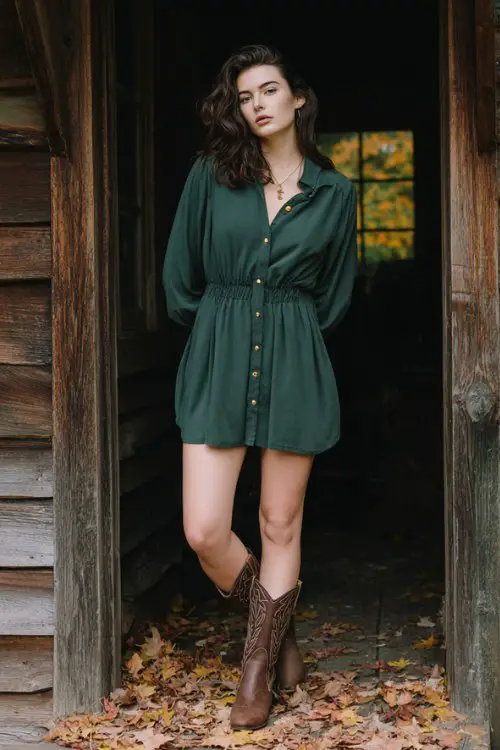 Dark forest green long-sleeve mini dress with button front detail, lightweight flowy fabric, cinched waist silhouette, western brown leather cowboy boots