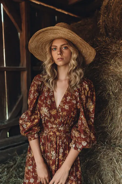 Rust-colored floral bohemian midi dress with vintage botanical print, lightweight cotton fabric, puff sleeves, V-neckline with subtle pleats, relaxed waist silhouette, wide straw sun hat