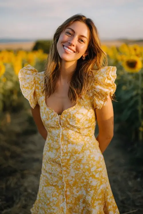 Woman in a yellow floral midi dress with ruffled sleeves and white cowboy boots