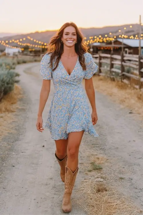 a light blue floral wrap dress and tan cowboy boots, walking along a country dirt road
