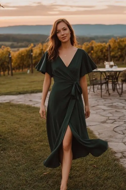 a petite woman in a dark green wrap dress with a tea-length hem and flutter sleeves