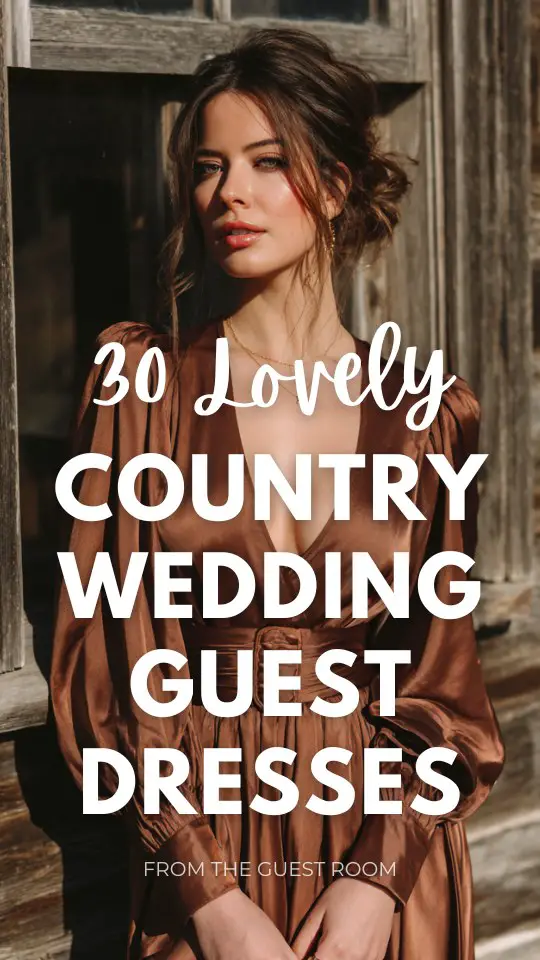 a woman in a country wedding guest dress with soft sheen fabric, deep V neckline, long billowy sleeves, empire waist with vintage belt detail