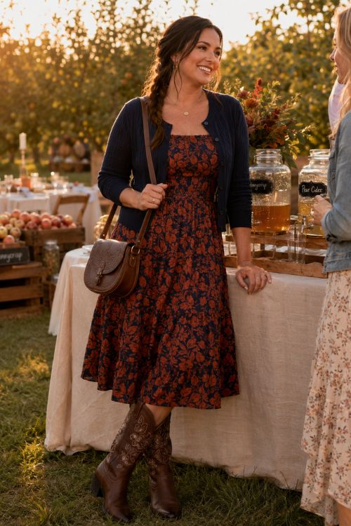 a woman in a floral wedding guest dress with a dark cardigan and brown cowboy boots