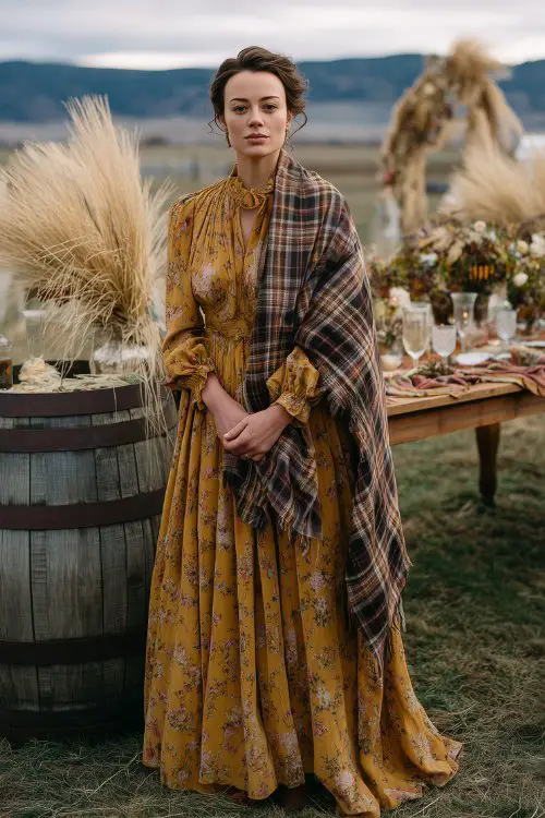 a woman in a mustard floral prairie-style dress with ruffled cuffs and a high neckline, draped with a tartan blanket shawl