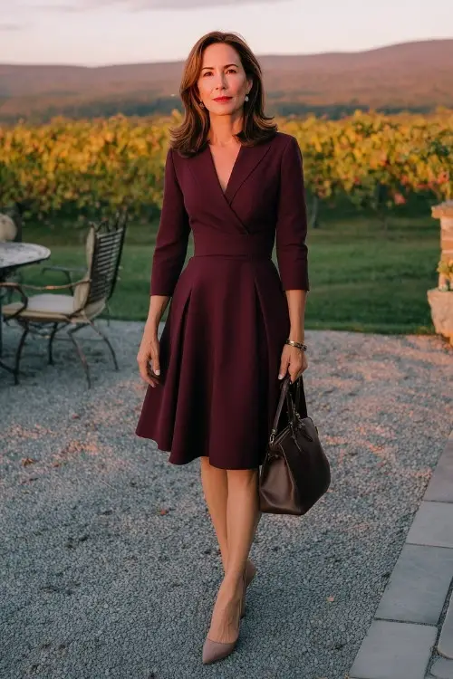 a woman over 50 wears a burgundy wrap wedding guest dress with long sleeves and neutral heels
