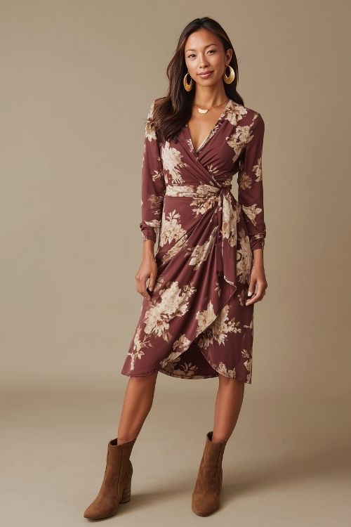 a woman wears a dark red floral wedding guest dress with suede boots