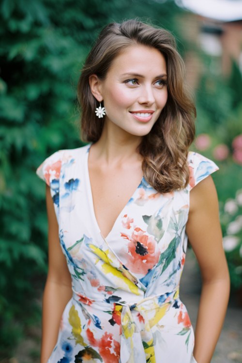 a woman wears a floral dress with sleeves and floral earrings