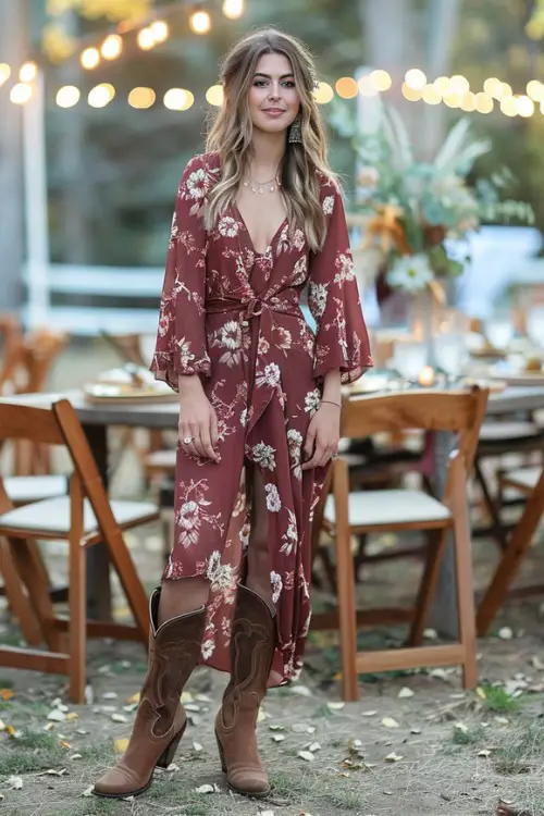 a woman wears a floral long dress and brown cowboy boots for wedding