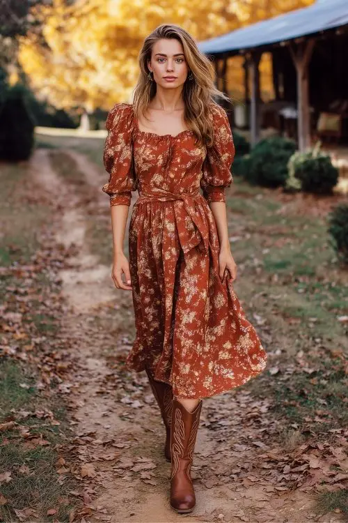 a woman wears a floral rust fall wedding guest dress with cowboy boots (2)