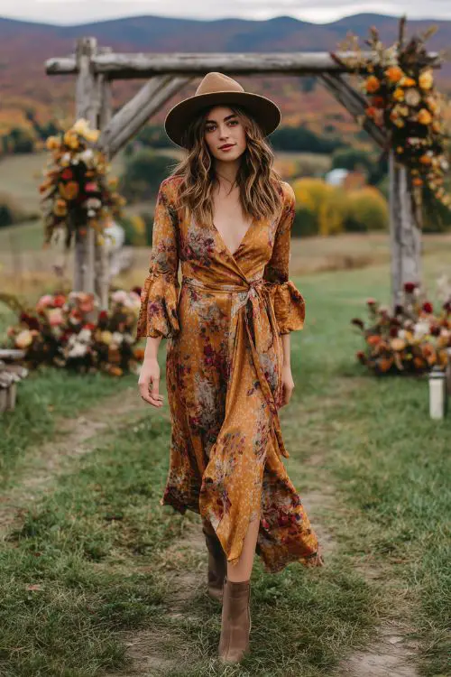 a woman wears a floral wedding guest dress with long sleeves, a hat and dark boots