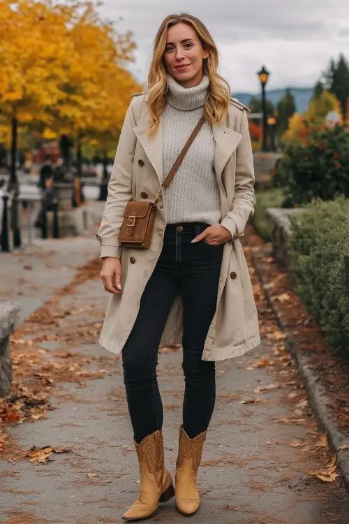 a woman wears a gray sweater, black jeans, trench coat and brown cowboy boots for cold weather