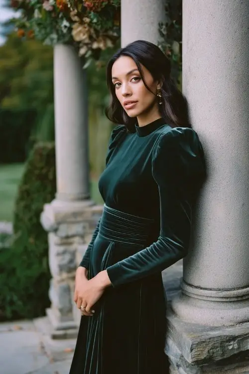 a woman wears a green velvet long wedding guest dress with puff sleeves