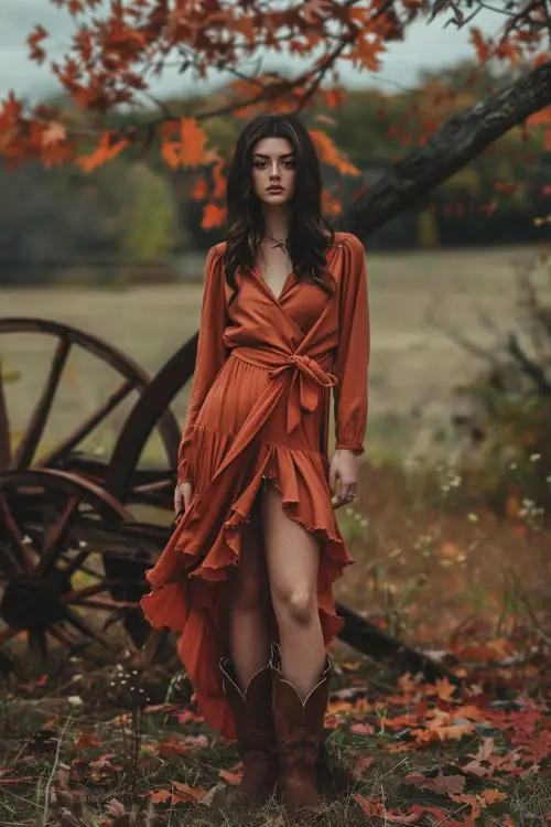 a woman wears a high low rust dress and brown cowboy boots