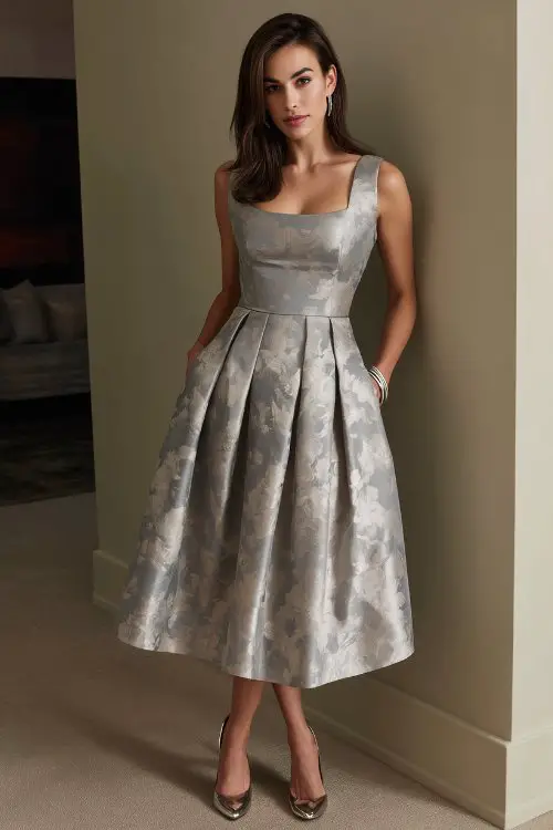 a woman wears a jacquard pleated wedding guest dress