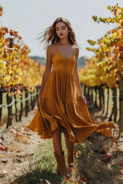 a woman wears a long yellow dress and brown cowboy boots