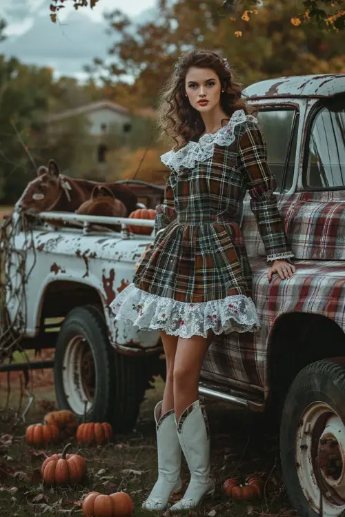 a woman wears a plaid dress with ruffles and white cowboy boots