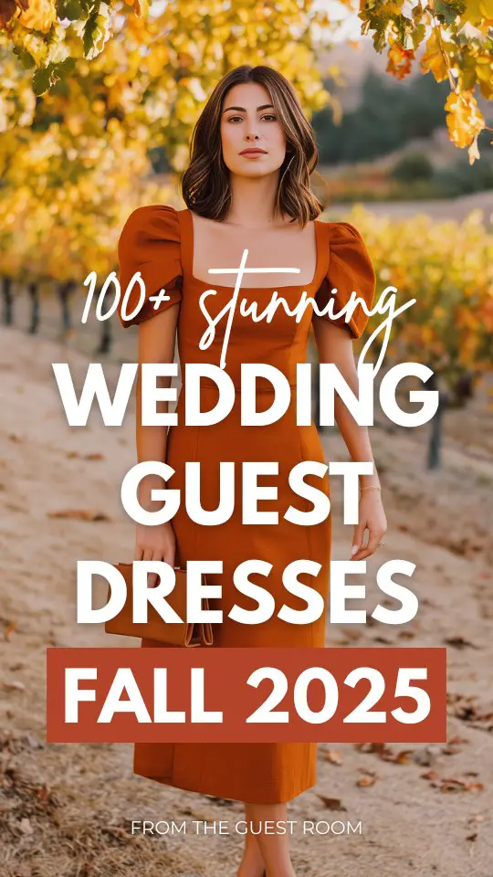 a woman wears a rust fall wedding guest dress with puff sleeves