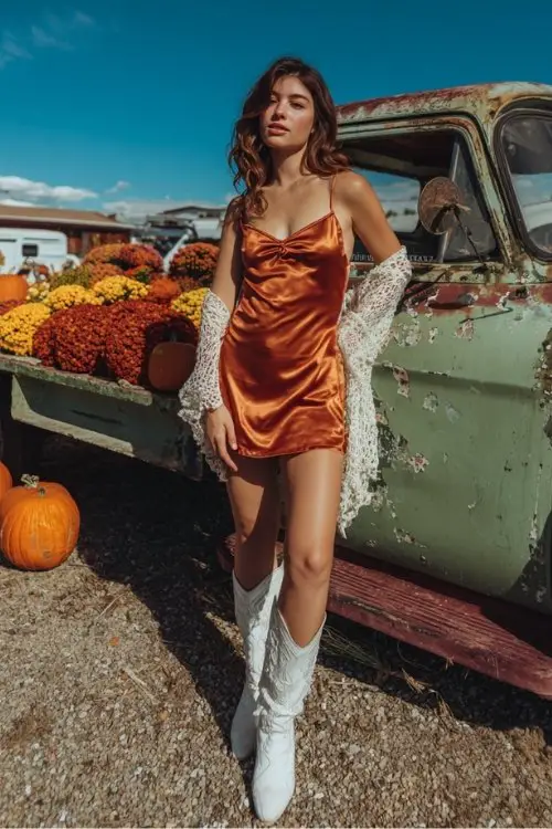 a woman wears a satin slip dress with lace shawl and white boots