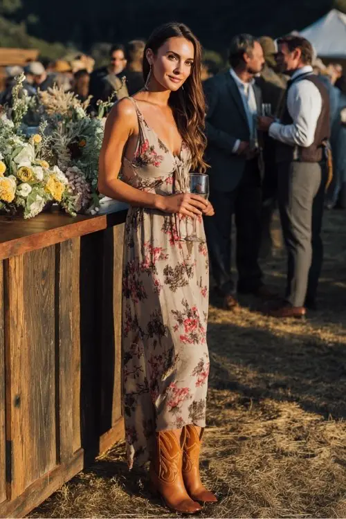 country wedding guest at an outdoor countryside wedding cocktail hour, wearing a chiffon floral dress over tan cowboy boots
