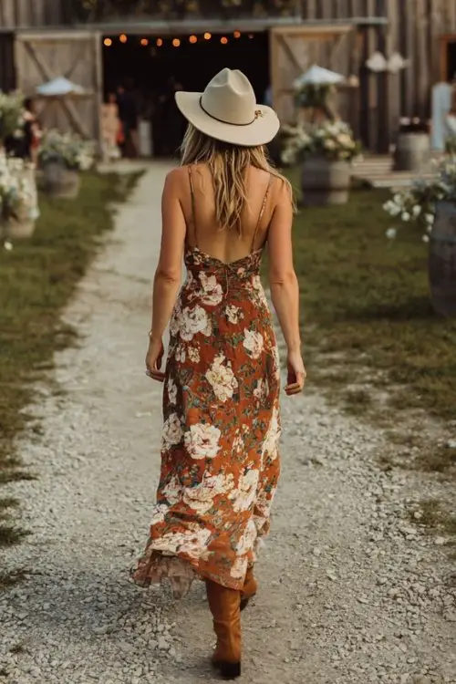country wedding guest walking along a gravel path toward a decorated barn wedding venue, wearing a floral maxi dress