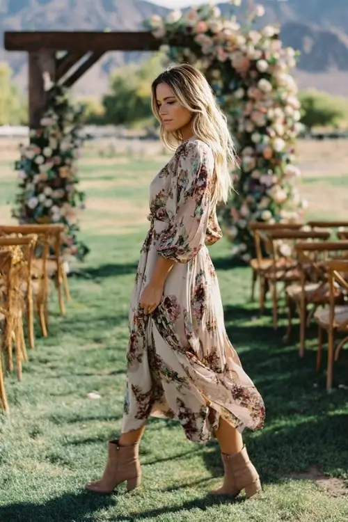 country wedding guest walking past a wedding arch covered in roses and greenery, wearing a flowing prairie-style floral dress and suede boots