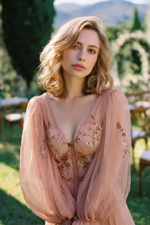 country wedding guest wearing a blush pink chiffon dress with puff sleeves and delicate floral embroidery