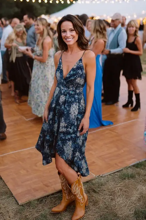 country wedding guest wearing a navy floral midi dress with tan cowboy boots