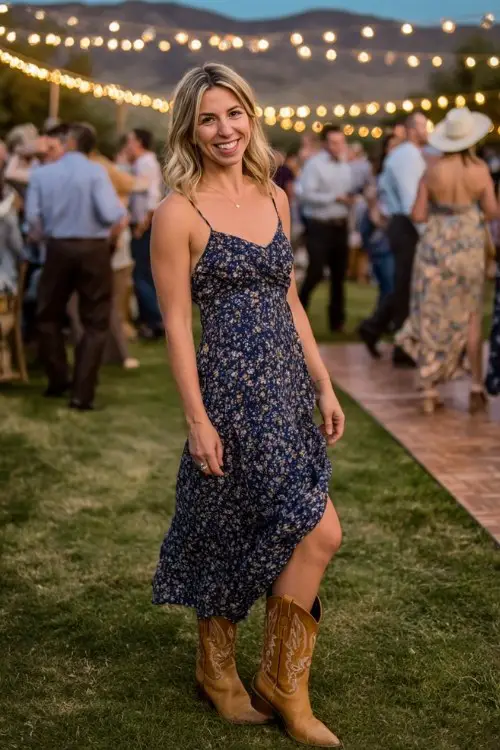country wedding guest wearing a navy floral midi dress with tan cowboy boots