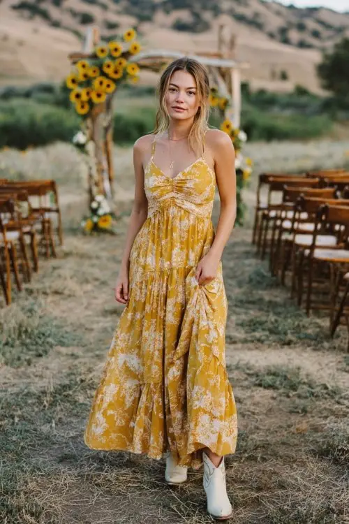 country wedding guest wearing a yellow floral maxi dress with cream cowboy boots