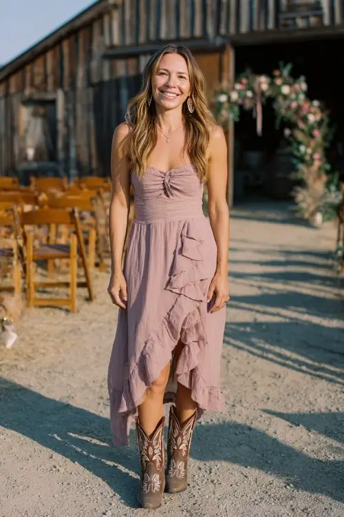 dusty rose ruffle maxi dress with embroidered cowboy boots