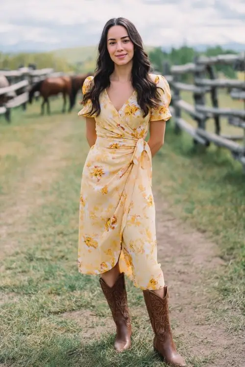 summer country wedding guest outfit, yellow floral wrap dress, brown leather cowboy boots