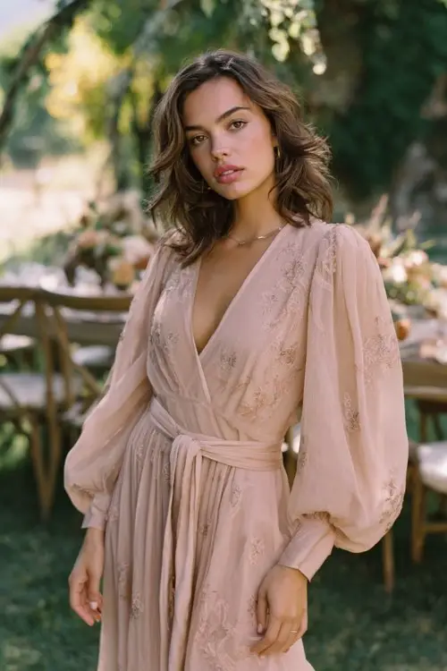 wedding guest wearing a blush pink chiffon dress with puff sleeves and delicate floral embroidery