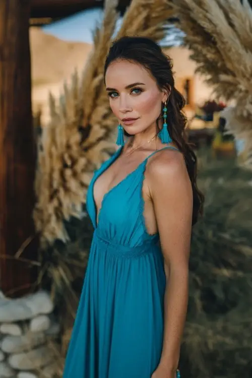 wedding guest wearing a bright colored flowy dress with lace details and turquoise jewelry