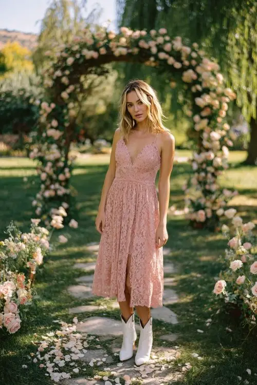 woman wearing a blush pink lace midi dress with white cowboy boots