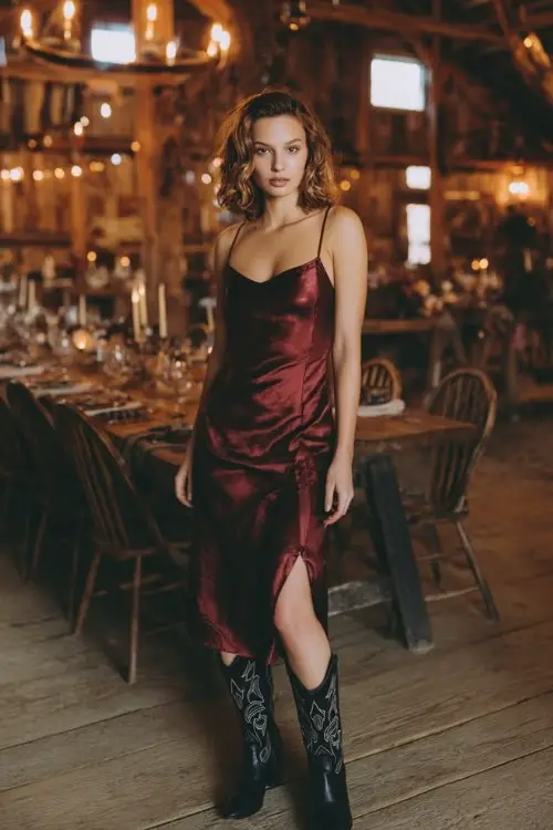 woman wearing a burgundy satin midi dress with black embroidered cowboy boots