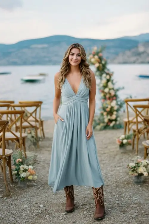 woman wearing a light blue chiffon maxi dress over brown cowboy boots, standing near a lakeside wedding ceremony with wooden chairs