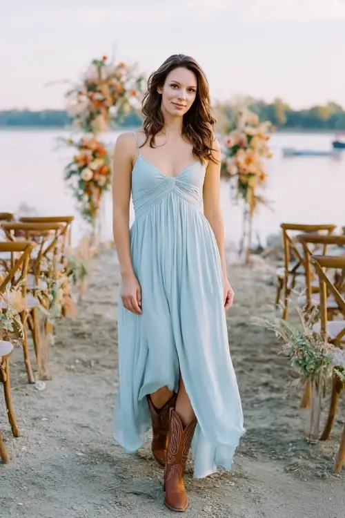 woman wearing a light blue chiffon maxi dress with brown cowboy boots, standing near a lakeside wedding ceremony with wooden chairs