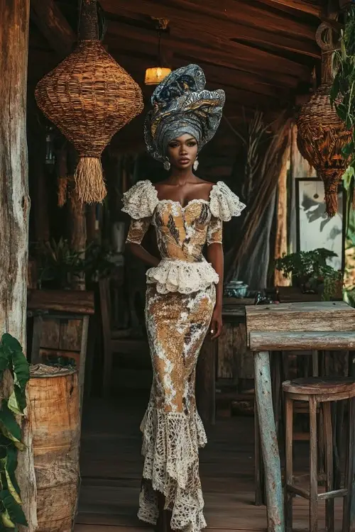 A black woman wears a beige and brown lace wedding guest dress with ruffled sleeves and a blue headwrap