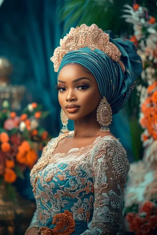 A black woman wears a teal lace wedding guest dress with a matching blue and gold headwrap