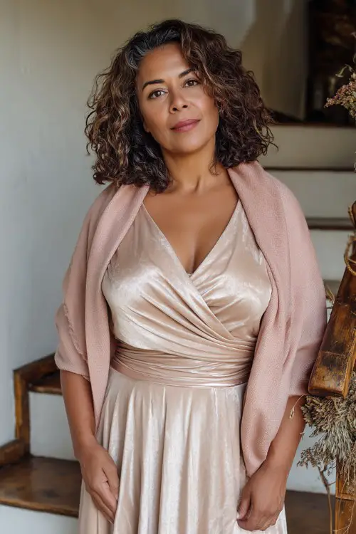 A curvy woman over 50 wears a champagne-colored wrap dress with velvet details and subtle shimmer, topped with a soft cashmere shawl in blush pink (2)