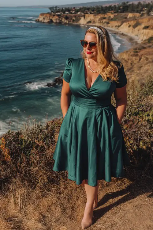 A curvy woman over 50 wears an emerald green fit-and-flare dress with short cape sleeves and a pearl headband